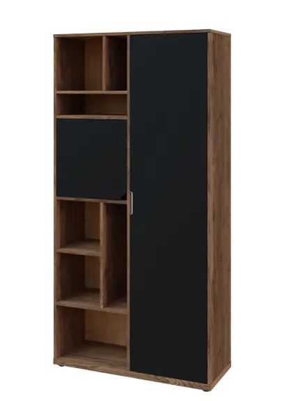 KSR6-83 P skříň šatní, 1x výsuvné ramínko, dvířka, niky, 2053x1022x400 mm, provedení pravé, dub halifax cínový/černá